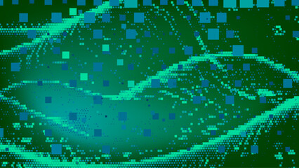 Poster - Green abstract background with scattered cyan and green squares. The digital-themed pattern gives a fresh and modern technological feel.