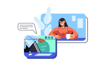 Fototapete - Happy friends talk by online call. Employees converse by video conference. Remote work at meeting in internet. Distance communication concept. Flat isolated vector illustration on white background