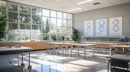 Poster - Biology classroom with anatomical models, a DNA helix poster, and a greenhouse visible through the windows.
