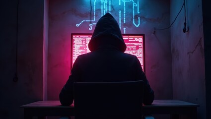 Anonymous Hacker Working Late at Night Neon Lit Room Computer Screen Showing Code