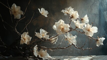 Poster - A contrasting still life with rough, dry branches and soft, luminous flowers in dim lighting.
