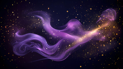 Wall Mural - Shiny, glowing background with purple swirl of smoke, golden dust, shimmer, particles. steam effect. smoky mockup for celebrating. generative ai. Smoky Glow. Illustration
