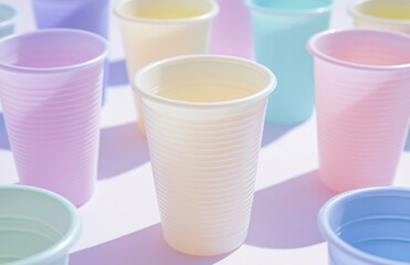 Aufkleber - Close-up of pastel-colored plastic cups on a white background, pastel colors, soft light, dreamy atmosphere, soft shadow casting.
