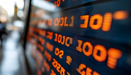 Poster - Close-up of an electronic display showing numerous numbers, likely stock prices or exchange rates, with a blurred background