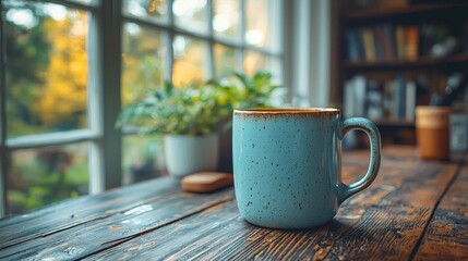 Poster - A cozy cup of coffee sitting on a wooden table surrounded by warm natural light and soft shadows