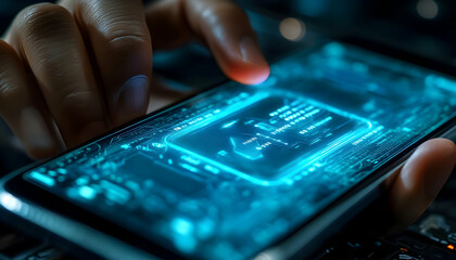 Poster - Close-up of hands using a smartphone displaying a futuristic, glowing interface with data and graphics