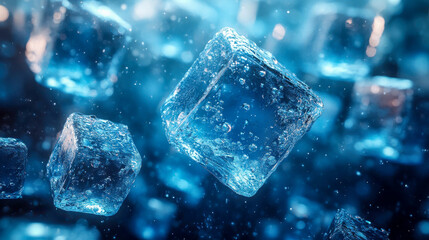 Poster - Crystal-clear ice cubes suspended in mid-air with frozen water droplets, illuminated by blue light in a surreal icy environment