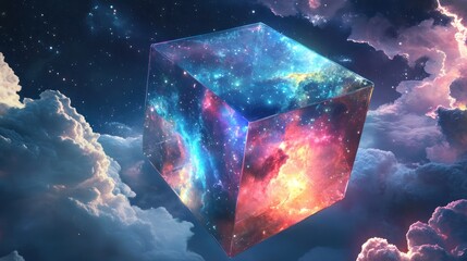 Aufkleber - A levitating glass office cube reflecting a cosmic sky with swirling galaxies.
