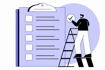 Poster - A person standing on a ladder, checking items on a clipboard, symbolizing organization and task management in a minimalist design.