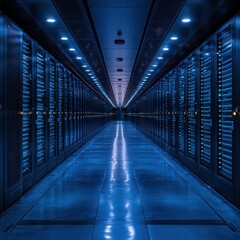 Poster - Long hallway filled with rows of computer servers in a modern data center environment