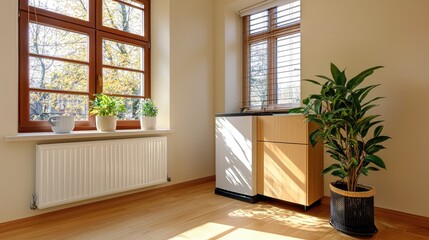 Poster - gas-powered combi boiler system connected to a heating radiator, showcasing modern efficiency.