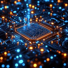 Poster - Circuit board with glowing orange lights illuminating intricate patterns and microchip designs