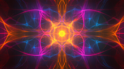 Wall Mural - An abstract futuristic background with colorful, glowing lines shaping patterns, crafted with generative ai. Glowing Symmetry. Illustration