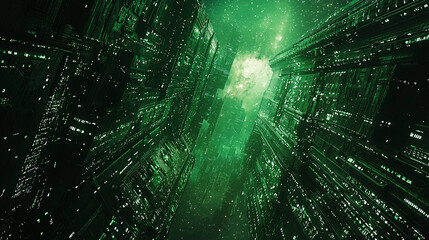 Poster - Futuristic green cityscape digital art abstract background design fi sci neon glow dark space image