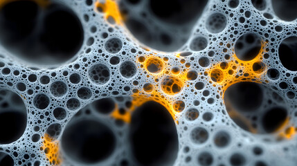 Poster - Close-up of colorful water bubbles featuring intricate orange and black bubbles creating an abstract fractal texture full of movement.