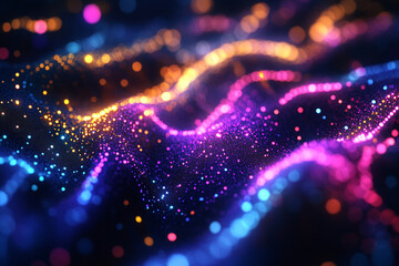 Poster - Abstract colorful particle wave background design digital art 3d pink blue gold dark light shine