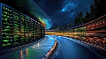 Poster - High-speed digital data transfer visualized as light trails moving across a virtual highway. a5c8dc3ecb02