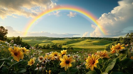 Wall Mural - idyllic landscape with a full rainbow over rolling green hills covered in wildflowers.