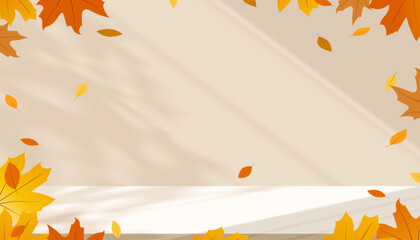 Poster - Shadow leave, light on brown studio background wall room and cream podium stage for product,Autumn beige backdrop banner and maple leaf on floor texture,Interior Kitchen with blur gradient,Fall season