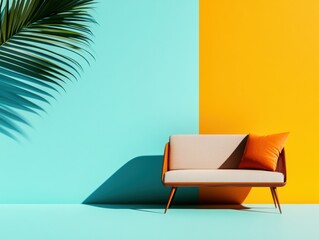 Poster - Mid-Century Modern Minimalist Lounge Vibrant Color Block Design with Tropical Palm Accent - Contemporary Interior Styling for Creative Workspace Innovation