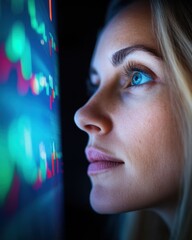 Fototapete - AI-Powered Financial Intelligence Next-Gen Female Professional Analyzing Holographic Market Trends with Precision, Embodying Data-Driven Leadership and Strategic Technological Innovation