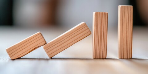 Aufkleber - Minimalist Risk Management Visualization Wooden Domino Blocks Demonstrating Strategic Intervention in Business Resilience and Preventative Problem-Solving