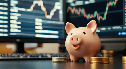 Poster - Piggy bank with coins in front of stock market charts, symbolizing savings and investment strategies