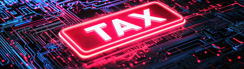 Poster - Tax neon sign on digital circuit background, symbolizing finance and technology