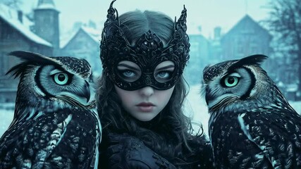 Poster - Owl woman and her two owl companions, movie scene, beautiful woman with long hair wearing black owl mask over her eyes against snowy city background, blue eyed female superhero, live action.