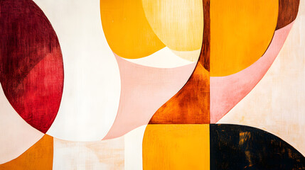 Poster - Captivating painting featuring bold red, yellow, and white design elements creating a harmonious geometric balance in an artistic studio setting.