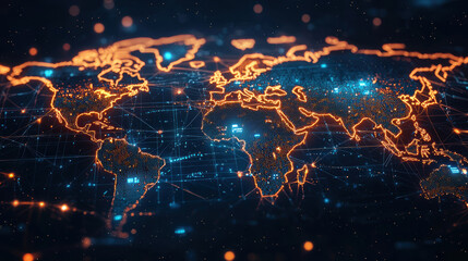 Poster - Digital world map with glowing connections and data points