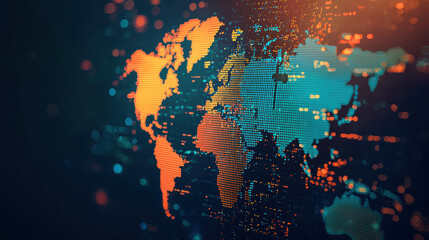 Poster - colorful world map with digital dots and glowing lights, representing global connectivity and techno