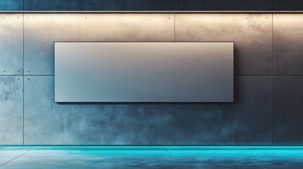 Fototapete - Minimalist Tech Hub Mockup Industrial Concrete Digital Signage Showcase with Futuristic Blue Ambient Lighting for Innovative Brand Storytelling