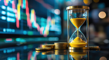 Poster - Hourglass with sand, coins, and stock market graph in background, symbolizing time and investment