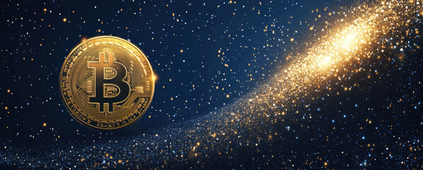Poster - Bitcoin coin in space with stars and galaxy background, symbolizing digital currency and innovation