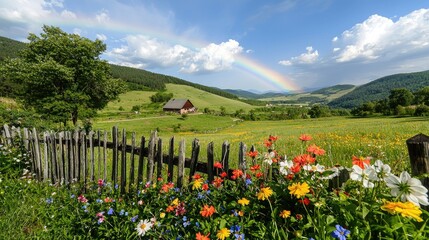 Wall Mural - stunning rainbow stretching across a peaceful green field dotted with colorful spring flowers.