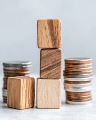 Aufkleber - Minimalist Financial Strategy Visualization Organic Wooden Blocks and Metallic Coins Symbolizing Adaptive Wealth Management and Strategic Investment Planning