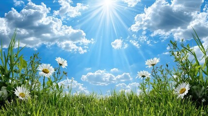 Wall Mural - sunbeams piercing through a clear blue sky with floating white clouds in spring.