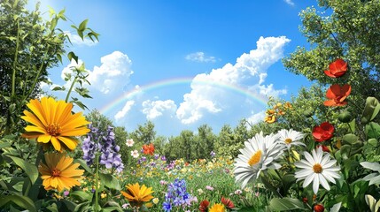 Wall Mural - sunlit wildflower meadow under a clear blue sky with a magical rainbow arching overhead.