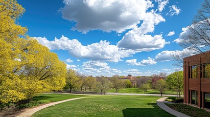 Wall Mural - sunbeams piercing through a clear blue sky with floating white clouds in spring.