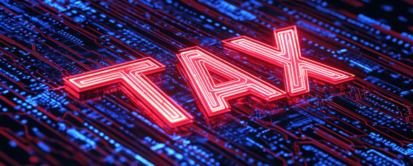 Poster - Neon tax sign on digital circuit background, symbolizing finance and technology