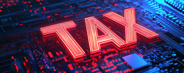 Poster - Tax illuminated in red on circuit board background, symbolizing finance and technology