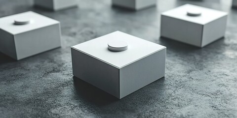 Poster - Square white boxes arranged on a textured gray surface in a modern setting with minimalistic design elements