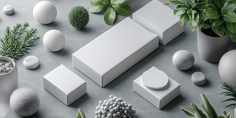 Poster - Stylish arrangement of white geometric shapes surrounded by greenery on a textured surface