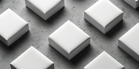 Poster - Elegant arrangement of white gift boxes on a textured gray surface showcasing minimalist design elements
