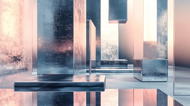 Abstract metallic and glass shapes arranged in a minimalistic futuristic composition. digital