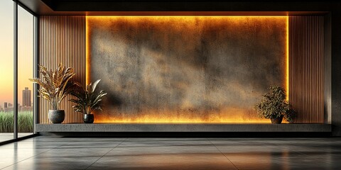 Poster - Modern interior design with illuminated wall and greenery in a stylish urban space during sunset