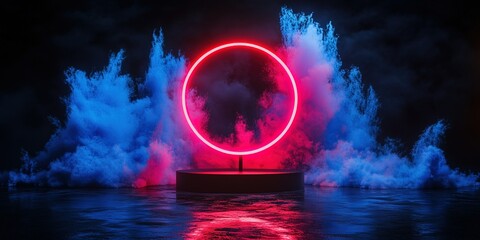 Poster - Vibrant neon circle illuminated against misty water with dynamic colorful waves at night