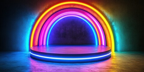 Poster - Colorful neon stage with vibrant lights and circular arch design in a dimly lit setting