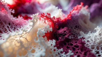 Poster - Intricate lace fabric showcases a blend of colors and delicate patterns in a close-up view